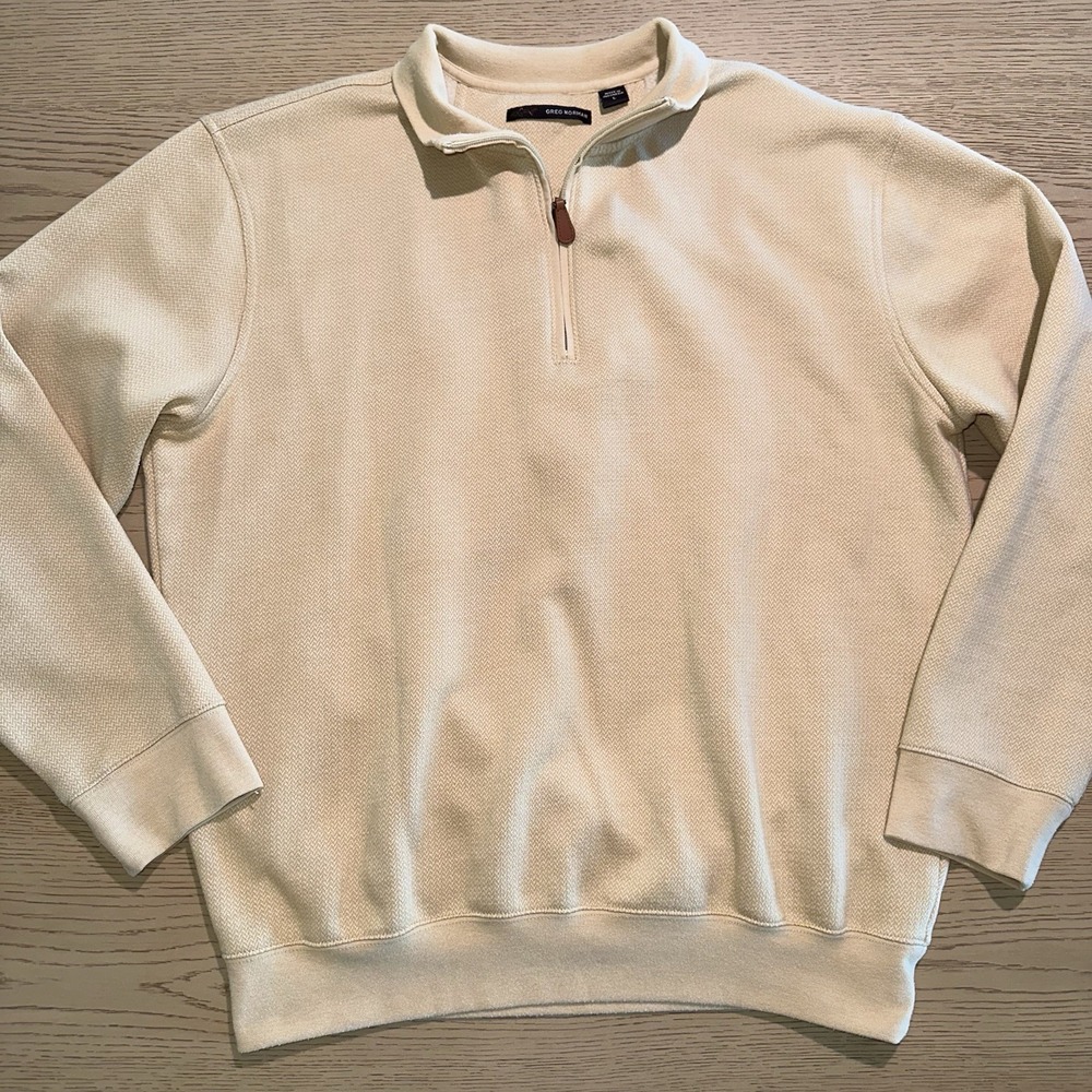 Greg Norman Men's Sweater Size L Beige Solid Knit 1/4 Zip Mock Neck Long Sleeve